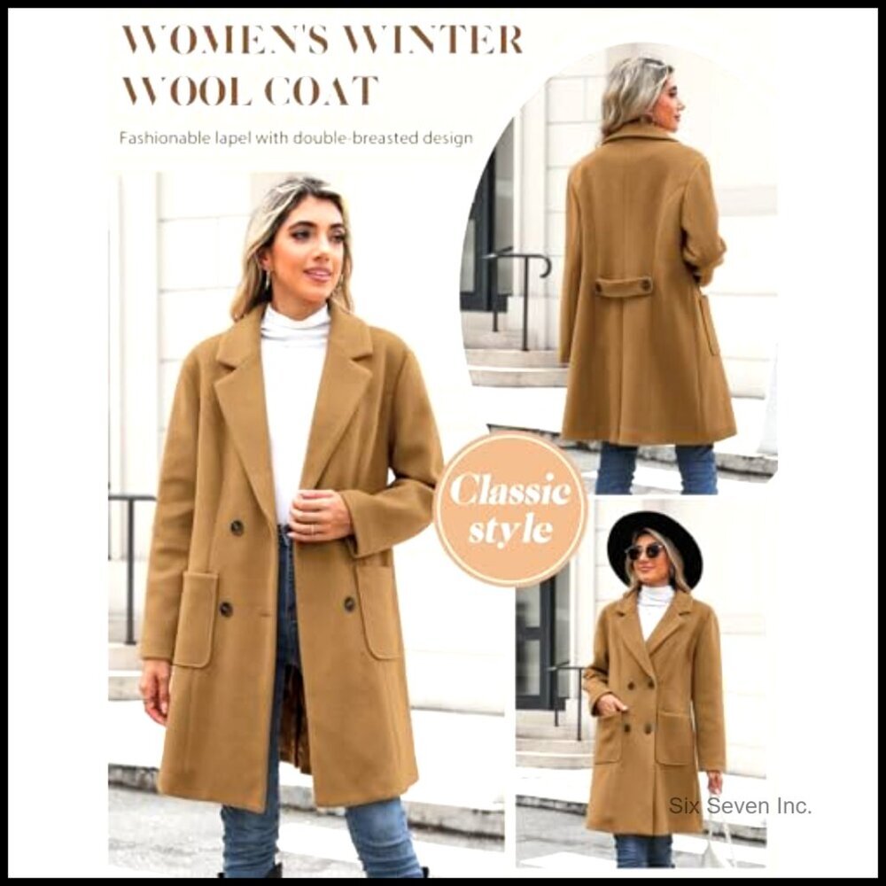 Wool Blend Double Breasted Pea Coat Notch Lapel Trench Coat - Picture 2 of 7